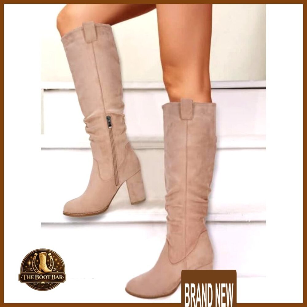 Knee High Boots Chunky Heel Wide Calf Round Toe Side Zipper Fashion Dress Boots - Picture 6 of 6
